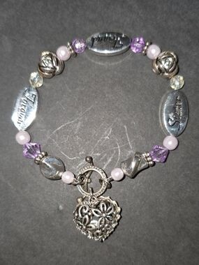 Silver Floral Heart Sister Charm Bracelet with Purple and Pink Beads